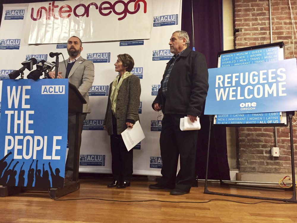 The ACLU of Oregon legal director Mat dos Santos speaks at a news conference in Portland on Feb.1. Tens of millions of dollars are pouring into the ACLU and hundreds of thousands of people are signing on as members so quickly that the group's 1,150 employees can't keep track. 
Associated Press/Gillian Flaccus, File