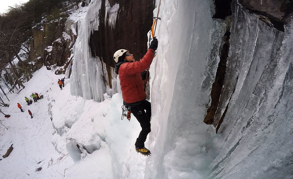 Chuck Monjak of Dedham, Mass., climbs an ice formation on Frankenstein Cliff in Hart's Location, N.H., on Feb. 6. "It's definitely terrifying on some level. I think that's why a lot of us do it, because of the adrenaline rush," Monjak said.