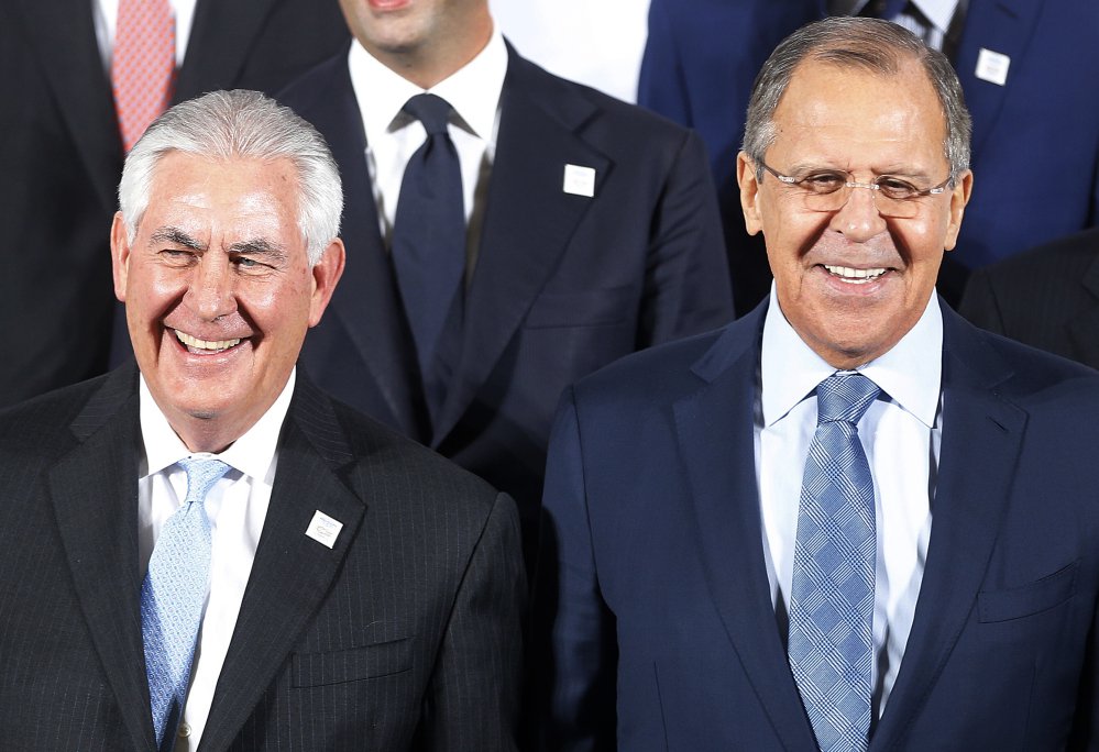 Russian Foreign Minister Sergei Lavrov, right, and Secretary of State Rex Tillerson attend the G-20 foreign ministers meeting Thursday.