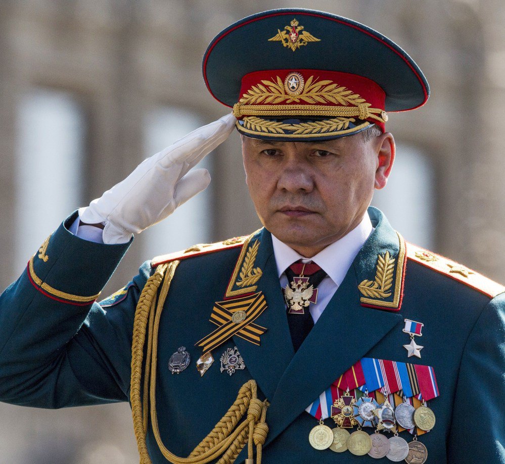 Russian Defense Minister Sergei Shoigu salutes his soldiers at Red Square.
