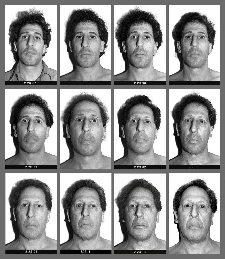This panel of black and white self-made photographs shows Baden over the last three decades beginning Feb. 23, 1987, top left, through Feb. 21, 2017, lower right. The Boston College professor's "Every Day" project has chronicled his visage in nearly 11,000 photos.