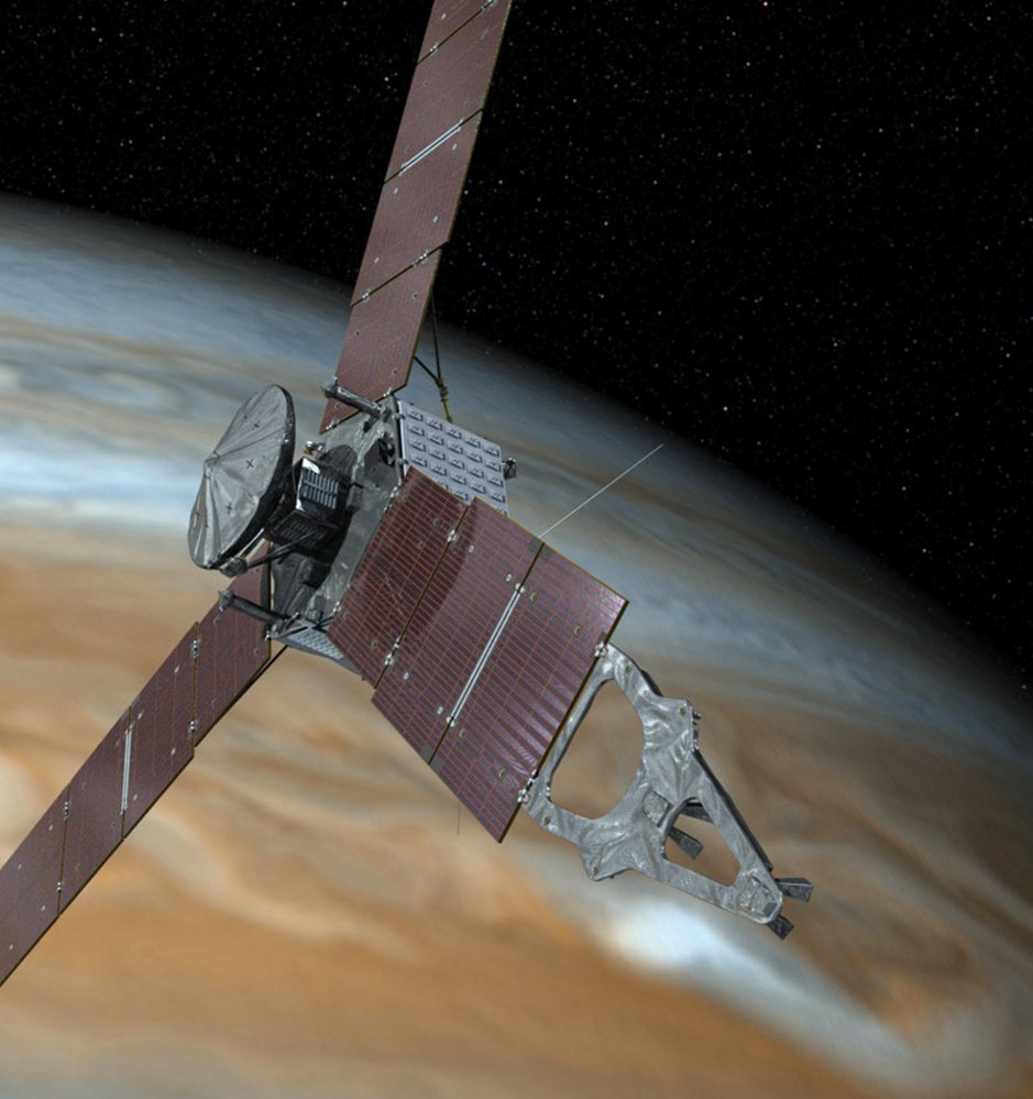 An artist's rendering shows NASA's Juno spacecraft making a close pass over the planet Jupiter.
