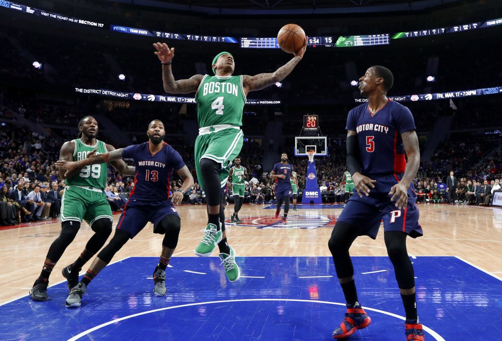 Celtics guard Isaiah Thomas scored 33 points and Boston beat Detroit 104-98 on Sunday in Auburn Hills, Michigan.