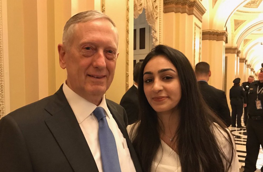Banah Al-Hanfy poses with Secretary of Defense James Mattis before President Trump's speech Tuesday night. Mattis told Banah "you are most welcome here," according to Maine's U.S. Rep. Chellie Pingree.