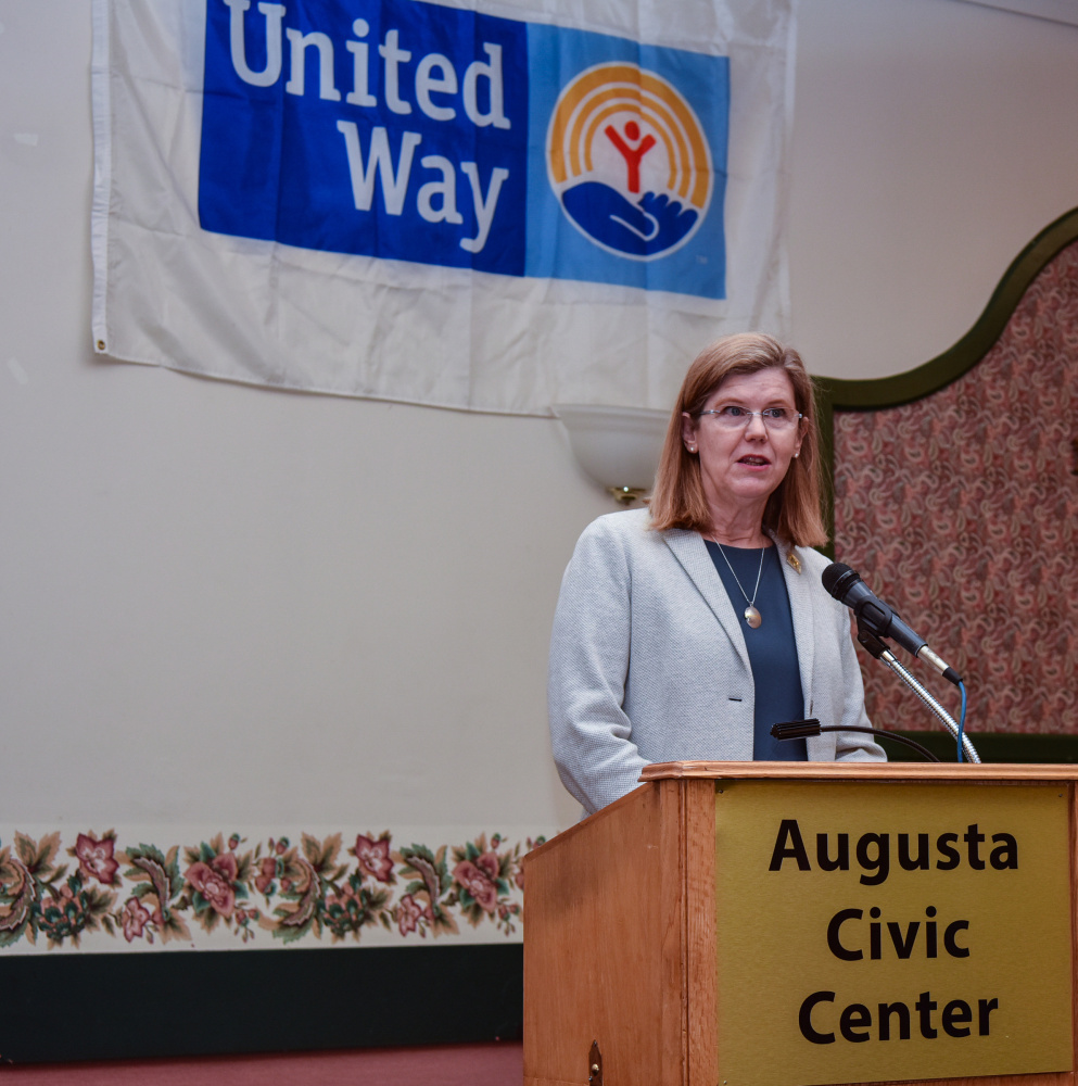 Emilie van Eeghen, chief behavioral health officer for MaineGeneral Health, speaks on the opiate epidemic in central Maine at the United Way of Kennebec Valley annual meeting Thursday at the Augusta Civic Center.