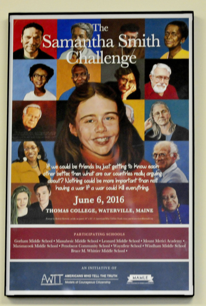 This poster of portraits by artist Robert Shetterly depicting people who are part of the Samantha Smith Challenge and have made a positive contribution to society was shown Thursday during a presentation by Shetterly at Thomas College in Waterville.