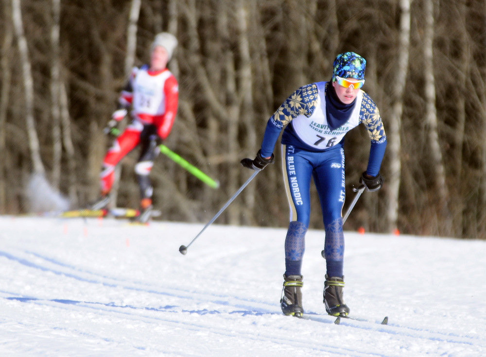 Mt. Blue's Mick Gurney skis around a field during the Hornet Classic last month at Leavitt Area High School in Turner.