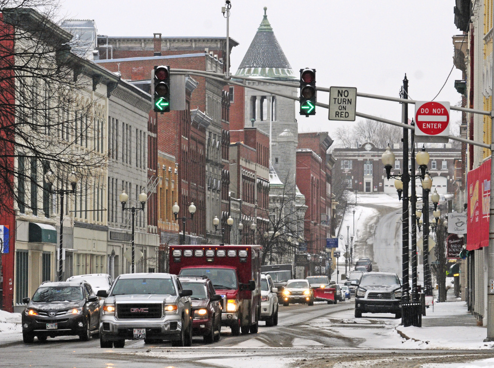 This Tuesday photo shows the one-way northbound traffic on Water Street in downtown Augusta.