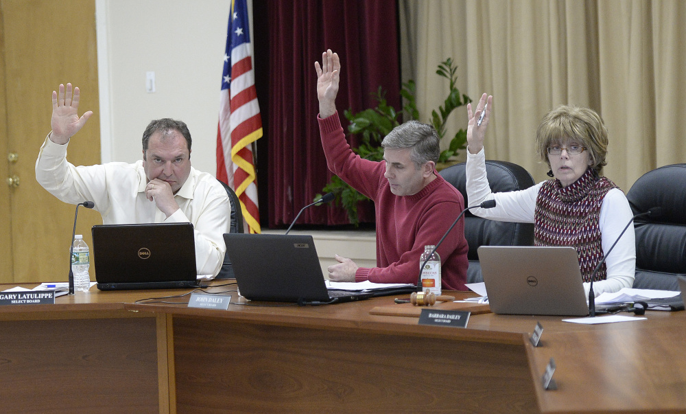 OGUNQUIT, ME - FEBRUARY 7: Ogunquit Select Board members vote to accept Town Manager Thomas Fortier's letter of resignation Tuesday, February 7, 2017. L to R are Gary Latulippe, John Daley and Barbara Dailey. (Photo by Shawn Patrick Ouellette/Staff Photographer)