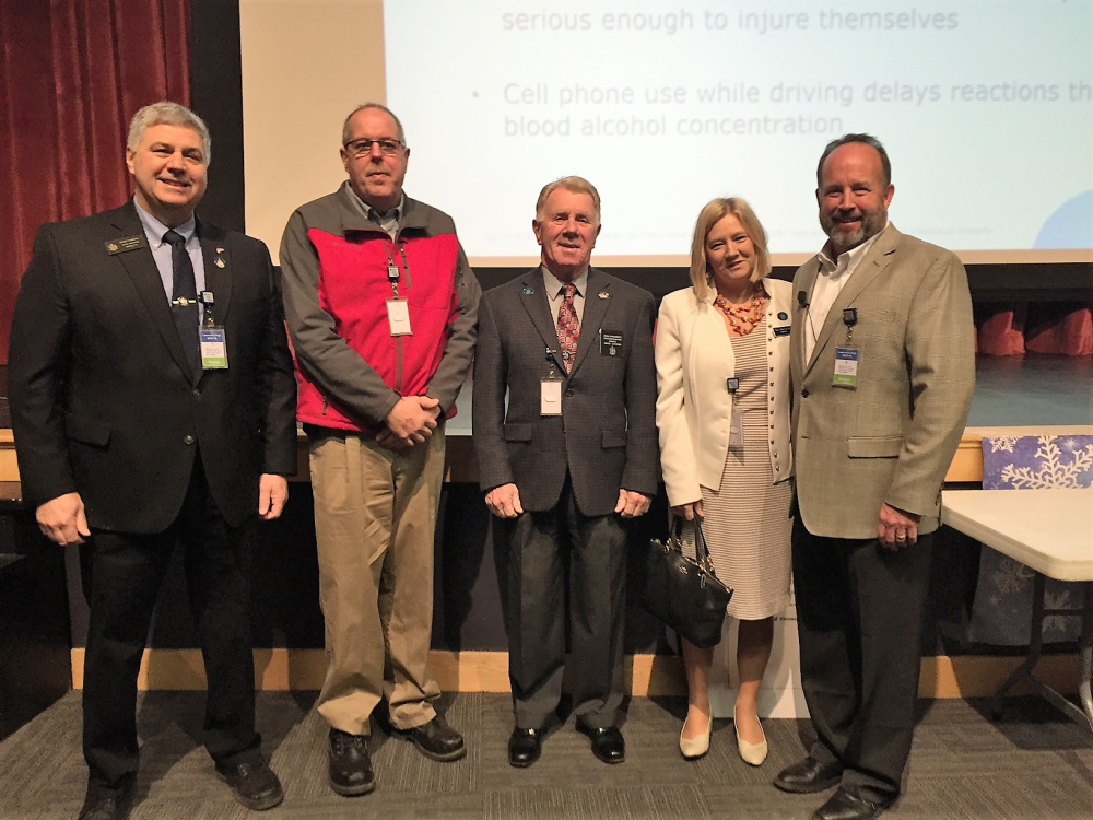 Fairfield area legislators recently attended a Lawrence High School assembly to talk with students about the dangers of texting while driving as part of the It Can Wait program. From left, are Sen. Scott Cyrway, R-Benton; Chief Tom Gould, Rep. John Picchiotti, R-Fairfield; Rep. Catherine Nadeau, D-Winslow; and Owen Smith.