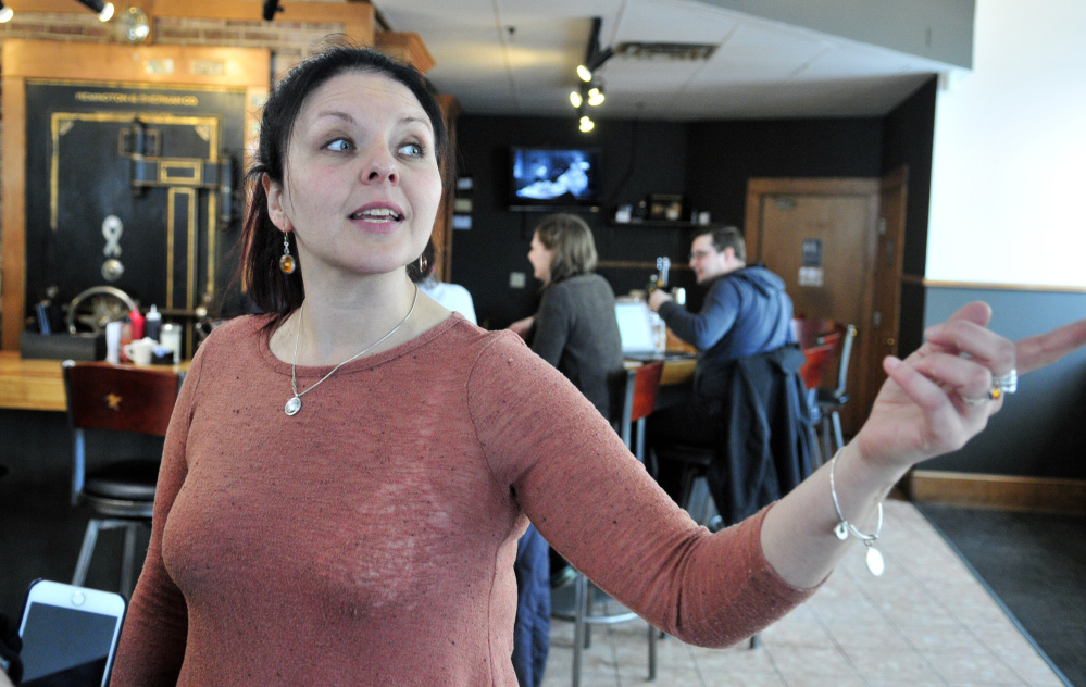 Bar manager Tiana Bonenfant, talks about parking in downtown Hallowell during an interview Wednesday at Buddy's Diner on the corner of Winthrop and Water streets.
