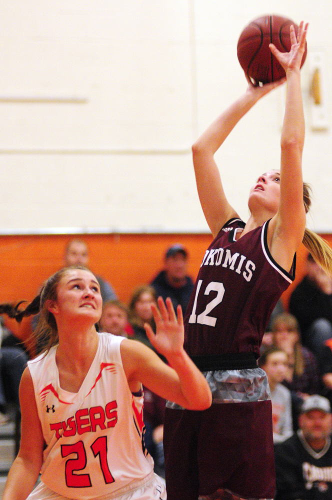 Gardiner sophomore forward Aimee Adams, left, defends Nokomis senior Olivia Brown during a Kennebec Valley Athletic Conference Class A game last month in Gardiner.