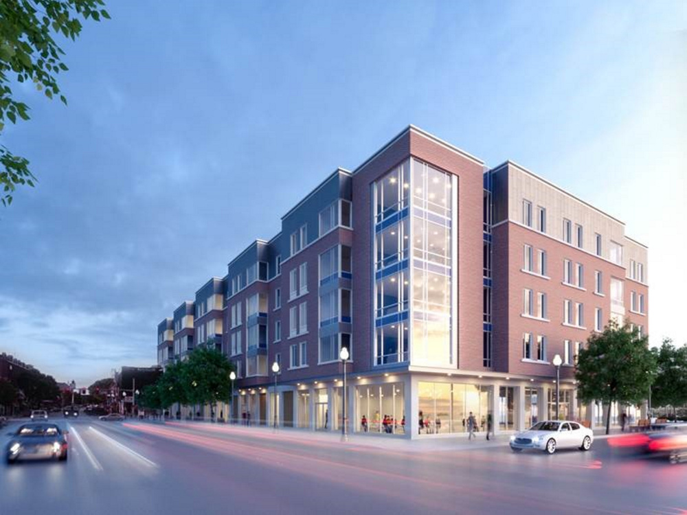 An artist's rendering by Ayers Saint Gross, of Baltimore, Md., shows what a proposed Colby College residential complex would look like on The Concourse, off Main Street, in downtown Waterville.