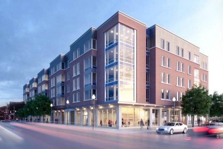 An artist's rendering by Ayers Saint Gross, of Baltimore, Md., shows what a proposed Colby College residential complex would look like on The Concourse, off Main Street in downtown Waterville.
