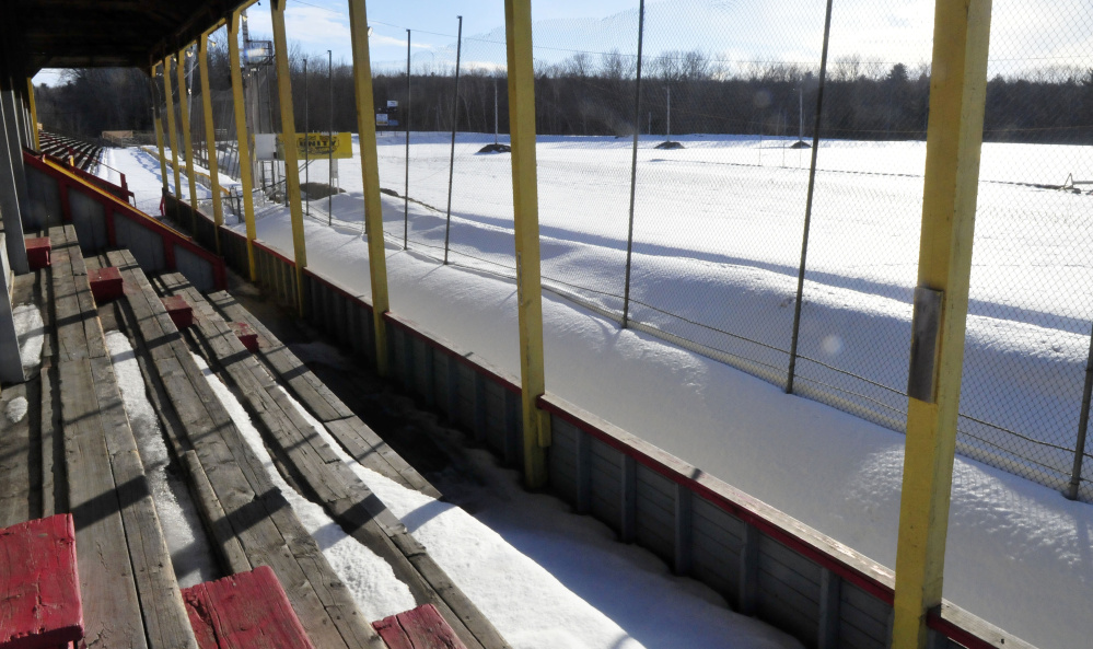 The snow-covered race track at Unity Raceway in Unity as seen from the grandstand on Wednesday. Plans for a race on the snow are scheduled for early March.
