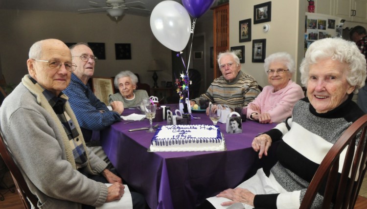 Members of the Waterville High School graduating class of 1942 got together recently to remember the old days and have lunch and cake. From left are Lucien Veilleux, Reggie Bizier, Dollis Bizier, Burns Hillman, Dorothy Doucette and Lucille Cram.