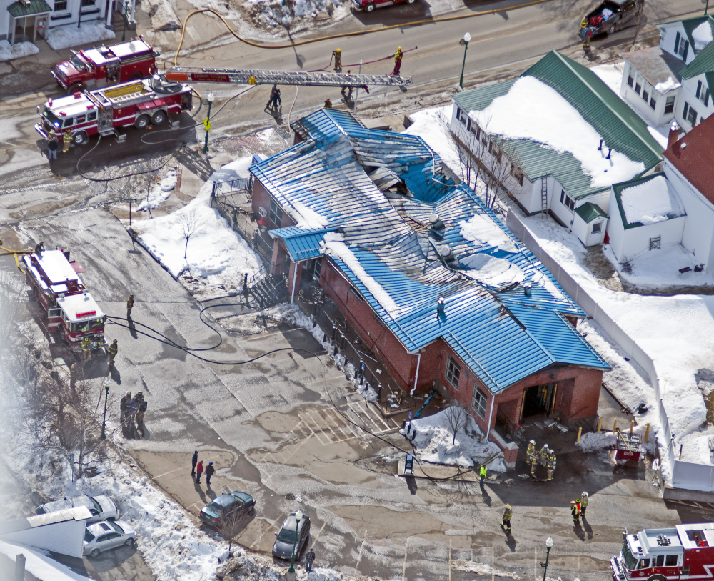 This aerial photo shows the fire damage on Feb. 21 at the post office in Winthrop, which will now have to be torn down because of the extensive damage.