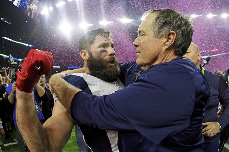 Coach Bill Belichick congratulates Julian Edelman after Sunday's miraculous comeback win over the Falcons in the Super Bowl. Belichick said Monday that even when the Patriots got far behind, "There was never any doubt in anyone’s eye" that they could win. 