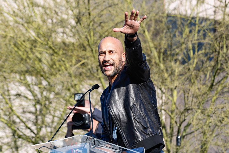 Keegan-Michael Key welcomed all to the rally, including a handful of Trump supporters, because “this is America, where you get to believe what you want.”