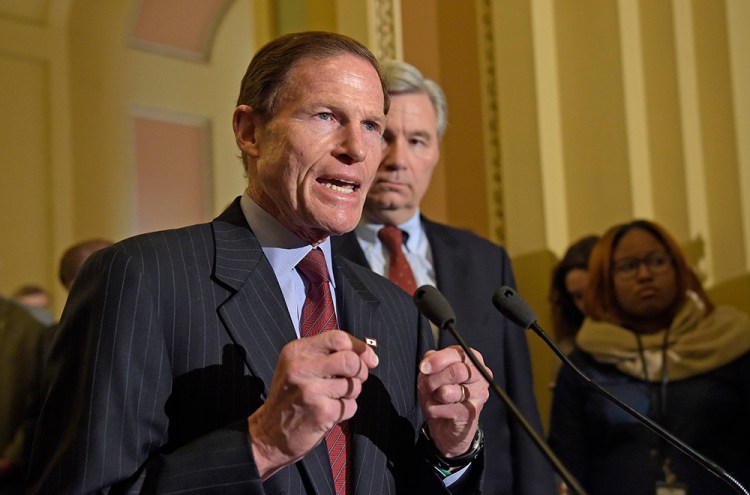 Sen. Richard Blumenthal, D-Conn., speaks to reporters on Capitol Hill. On Wednesday, Blumenthal relayed to reporters comments he said were made by Gorsuch – an account confirmed by Ron Bonjean, a member of the group guiding the judge through his confirmation process on behalf of Trump's administration.