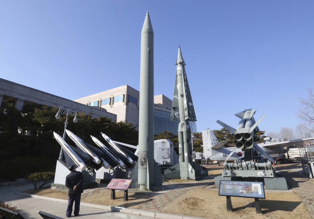 A mock North Korea's Scud-B missile, center left, and South Korean missiles are displayed at Korea War Memorial Museum in Seoul, South Korea. (Associated Press/Ahn Young-joon)
