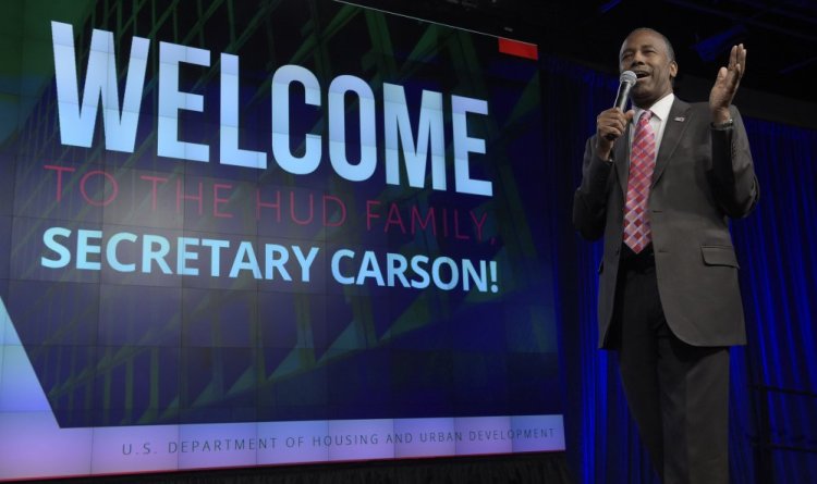 Housing and Urban Development Secretary Ben Carson speaks to HUD employees in Washington on Monday. He told them that slaves came to America with the same hopes and dreams as early immigrants.