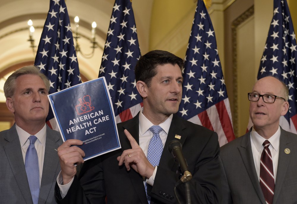 House Speaker Paul Ryan of Wisconsin, center, with Energy and Commerce Committee Chairman Greg Walden, R-Oregon, right, and House Majority Whip Kevin McCarthy, R-California, left, speaks during a news conference on the American Health Care Act on Capitol Hill in Washington on Tuesday.