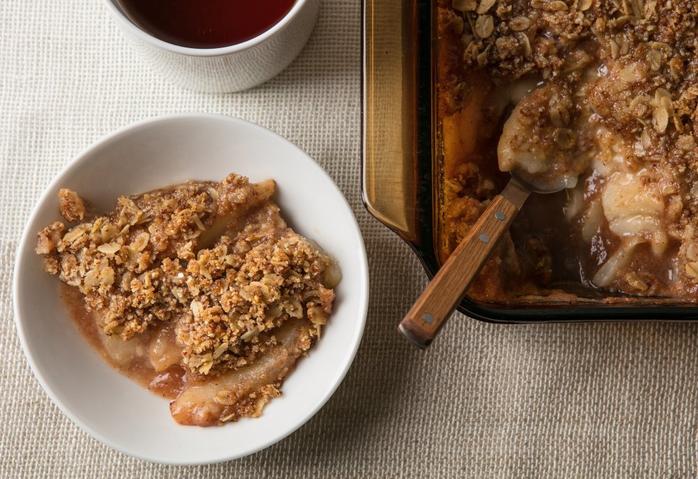 Pear crumble is a comfort food that takes a healthful approach by not relying on butter.