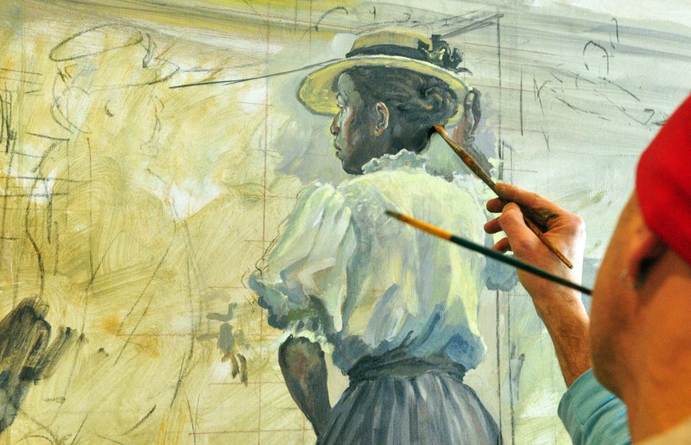 Hallowell artist Christopher Cart works on a mural at the Capital Judicial Center in Augusta. Cart was one of four artists selected by the Maine Arts Commission to do work at the courthouse in 2015.