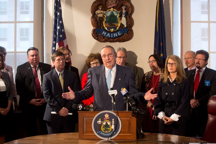Gov. Paul LePage speaks about welfare fraud at a press conference Tuesday to introduce the Welfare Reform for Increased Security and Employment Act.  