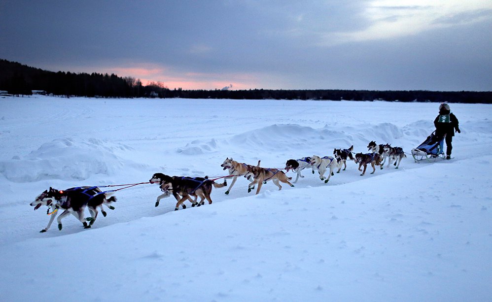Martin Massicotte of St-Tite, Quebec, guides his sled dog team over Portage Lake at dusk Saturday, March 1, 2014, during the Can Am Crown 250-mile International Sled Dog Race. Massicotte won the 2014 race and took the title again in 2017.