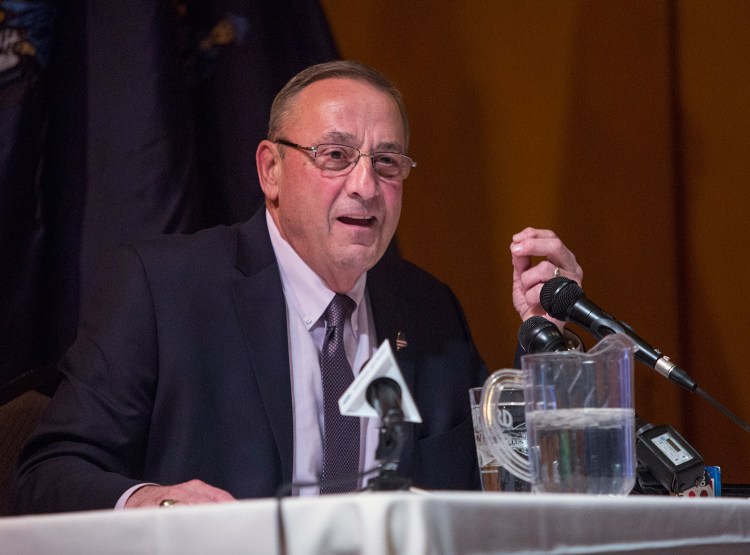 Gov. Paul LePage speaks to an audience of about 150 people at Wednesday's town hall meeting in Gorham. He said, "The only toll we should have is for the visitors coming in and out of the state in the summer months."