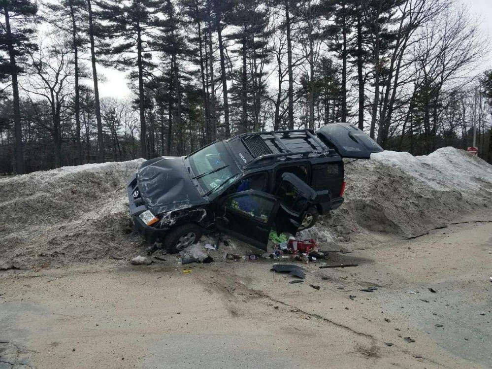 Police said this stolen sport utility vehicle rolled over Friday morning in South Portland after three inmates from the Long Creek Youth Development Center escaped from a supervised camping retreat and stole the vehicle.