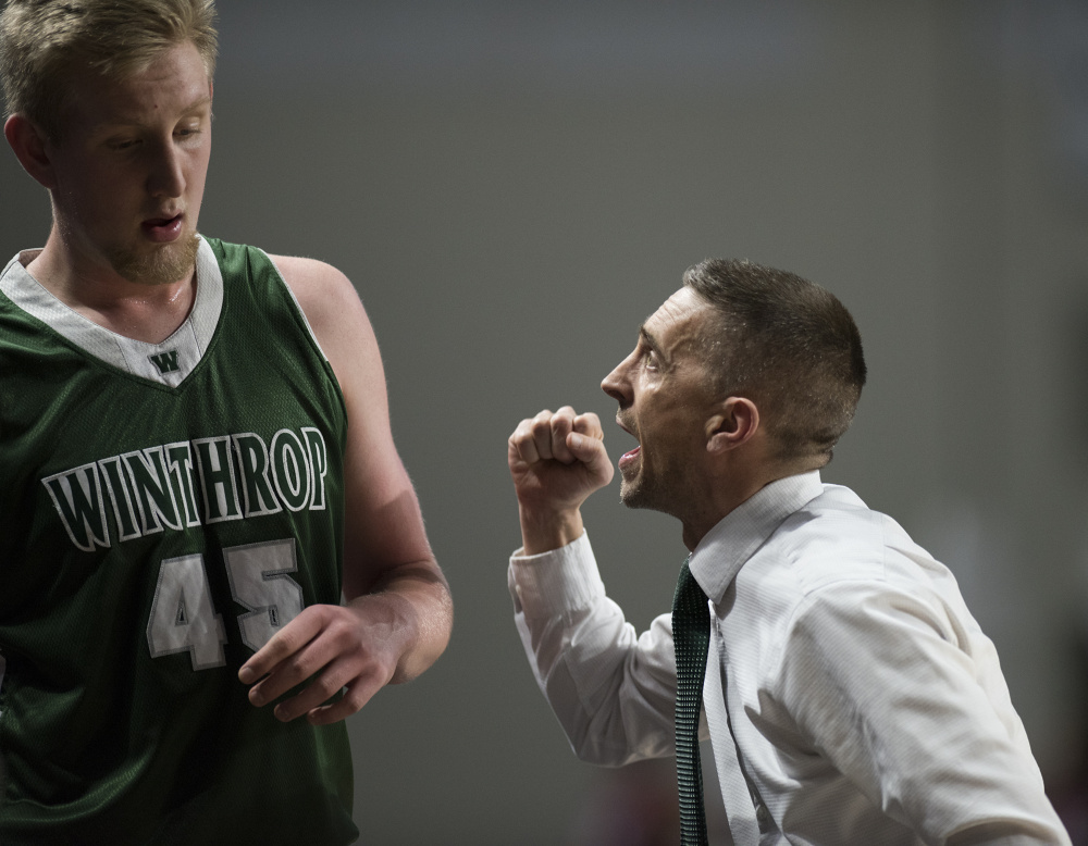 Winthrop head coach Todd MacArthur makes a point to Cam Wood during the Class C state championship game Saturday at the Cross Insurance Center in Bangor.