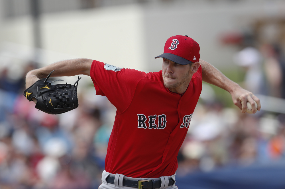 Boston starting pitcher Chris Sale works in the second inning of a spring training game against the Astros on Monday in West Palm Beach, Florida.