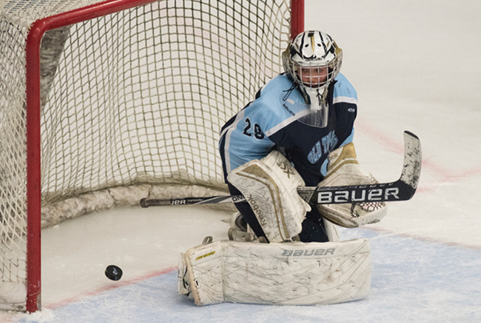 Kevin Bennett Photo 
 Old Town/Orono's Brenden Gasaway watches as a shot by  Waterville's Justin Wentworth rolls across the goal line giving the Class B North regional final win to Waterville on Tuesday night in Orono.