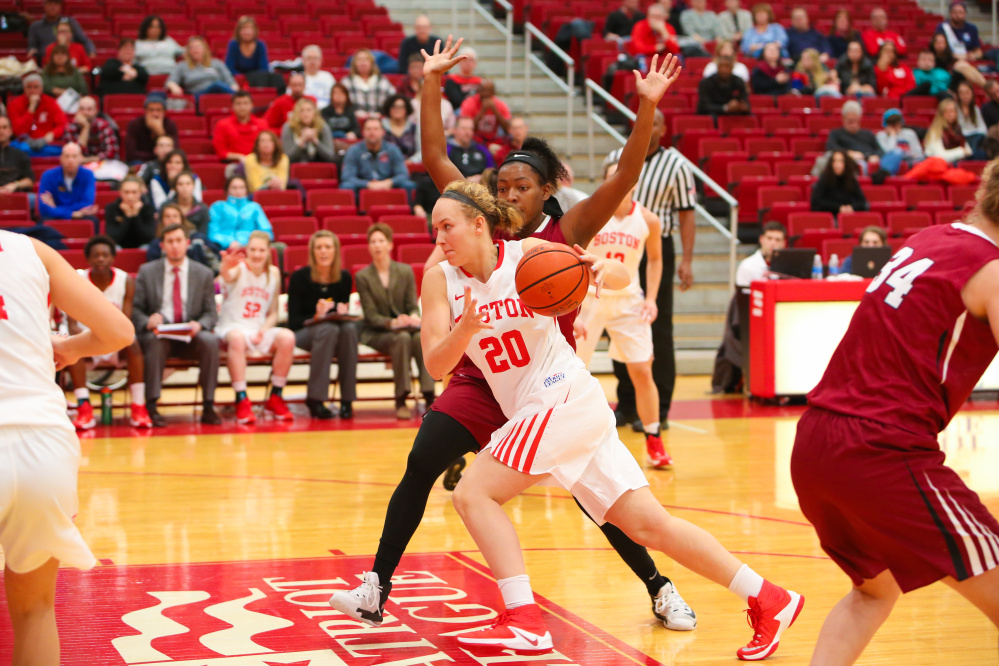 Boston University freshman Nia Irving drives to the basket during a Jan. 8 Patriot League game against Lafayette in Boston.