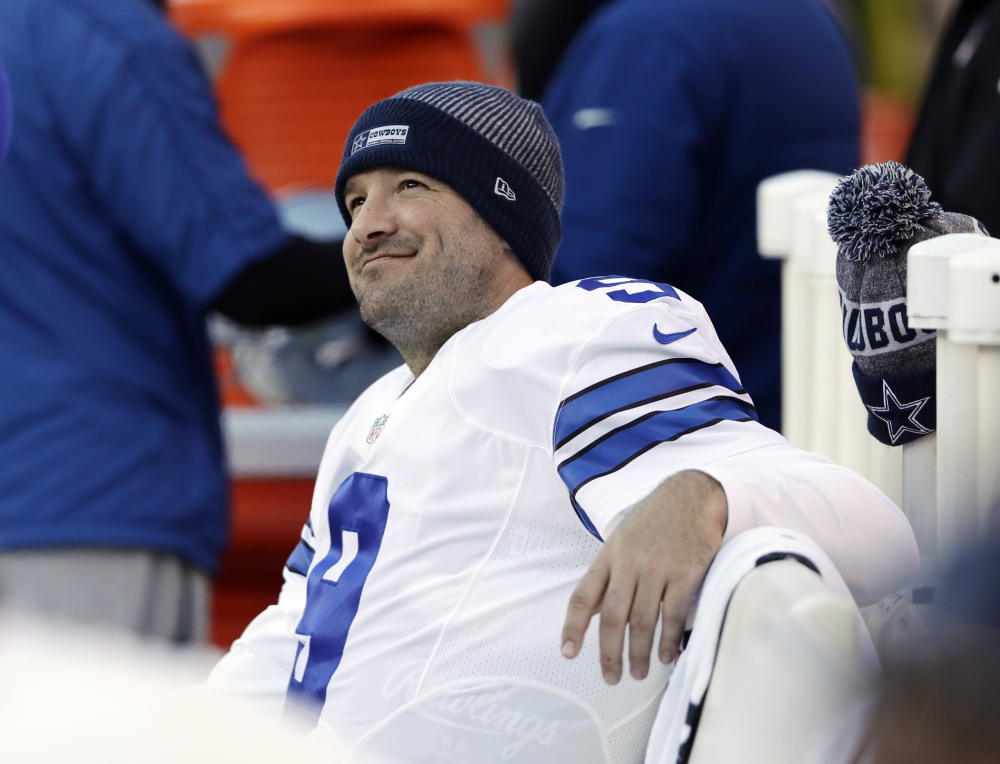 AP photo 
 In this Jan. 1 photo, Dallas quarterback Tony Romo smiles on the bench during the second half of a game against the Philadelphia Eagles in Philadelphia.