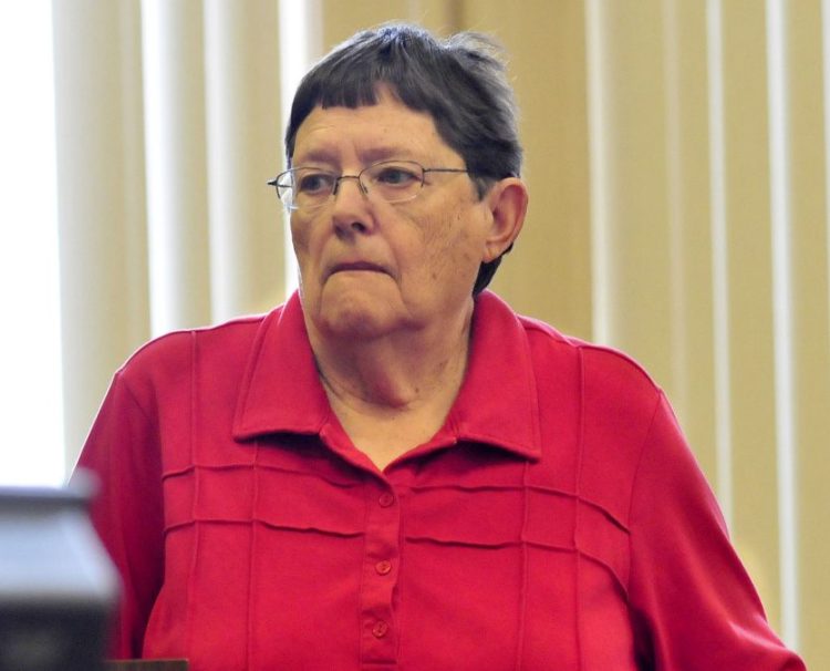 Mary O'Donal listens to Justice Robert Mullen during sentencing Thursday after her conviction of theft from Care and Share Food Closet in Franklin County Superior Court in Farmington.