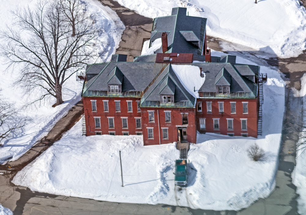 An aerial photo last month shows the Stevens Commons complex in Hallowell, which would receive $600,000 in redevelopment funding as part of a $2.36 million bond package the City Council will vote on Monday. Approval would send the proposal to a referendum vote next month.