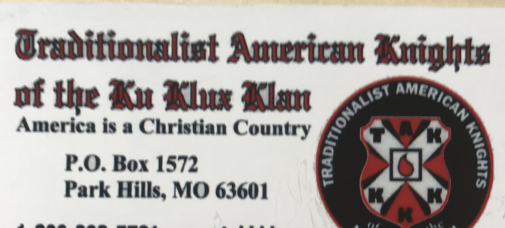 Hallowell resident Sarah Bigney says she found this Ku Klux Klan business card on the windshield of her car Monday morning. Bigney says she believes she was targeted because of the "Black Lives Matter" bumper sticker on her vehicle.