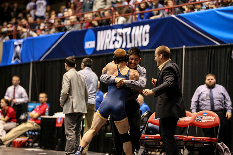 University of Southern Maine senior Dan Del Gallo, a Gardiner native, celebrates after he beat Aaron Engle of Cornell in the finals of the 149-pound weight class at the Division III national championships on Saturday in La Crosse, Wisconsin.