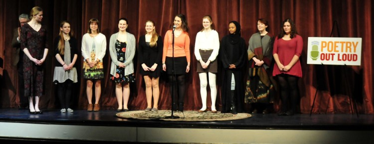 The 10 high school students assemble on stage prior to competing in the Poetry Out Loud finals at the Waterville Opera House on Monday. The winner of the state finals — Gabrielle Cooper of Gardiner Area High School — will move on to national competition in Washington, D.C. The event is organized by the National Endowment for the Arts and Poetry Foundation and administered by the Maine Arts Commission.