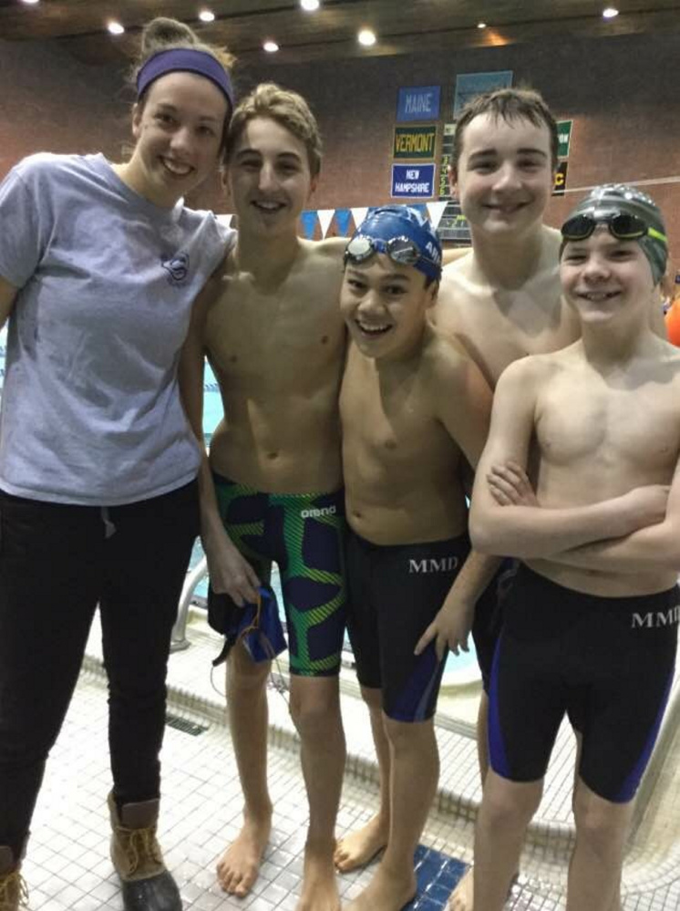 The Mid-Maine Dolphins boys 11-12 medley relay team celebrates after winning a state championship earlier this month in Orono. From left to right are coach Steph Perkins, Nate Pierce, Jadyn Arnold, Bryce Dyer, Andrew Turlo.