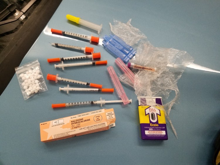 Needles police say were recovered following a traffic stop Thursday in Vassalboro that led to charges of heroin possession against Amy Santiago, of Portland.
