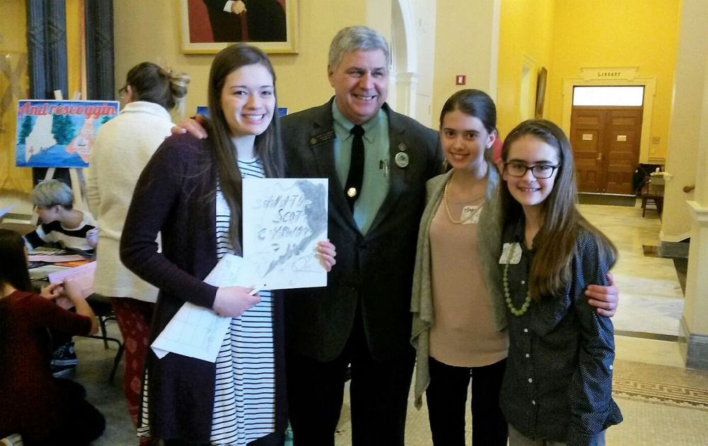 Three Waterville students visited the State House March 8 to meet with Sen. Scott Cyrway, R-Benton, and attend the Arts Education Advocacy Day. From left, are Hanna Bouchard, Cyrway, Inga Zimba and Karen Zimba.