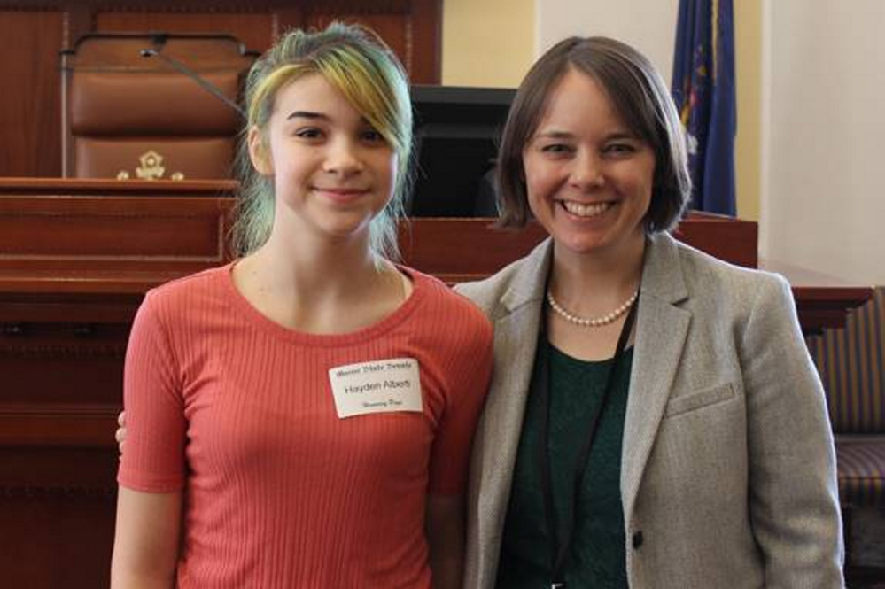 Hayden Alberti, a Gardiner Regional Middle School student, served as an HonoraryPage Feb. 14 in the Maine Senate in Augusta. With Alberti is Sen. Shenna Bellows, D-Manchester, during a break in the Senate Session.