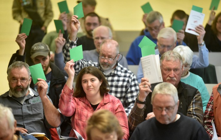 Tabitha Cole, left center, casts her vote with other Sidney residents Saturday in favor of Article 4 during Town Meeting at James H. Bean School.