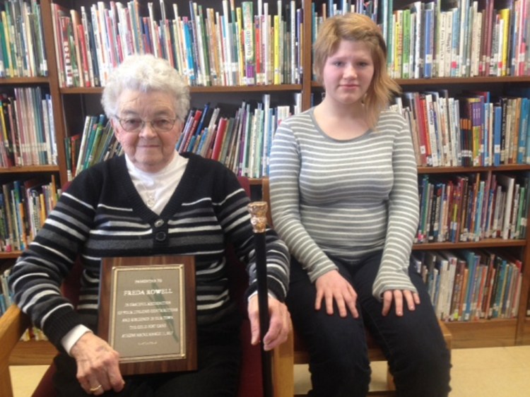 Longtime Athens resident Freda Rowell, left, and seventh-grade student Patricia Thody were honored recently at the Athens annual Town Meeting.