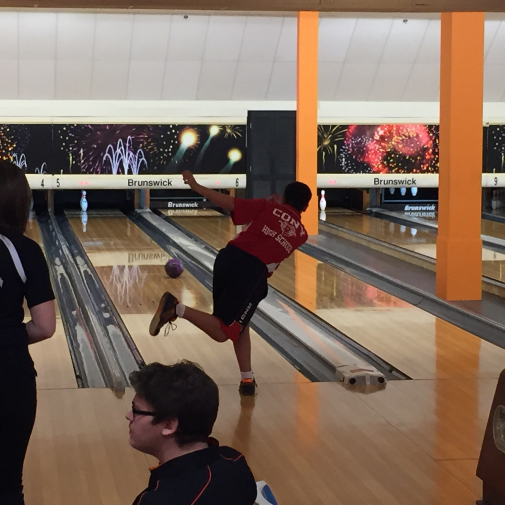 Cony bowler Jacob Sutter takes a turn at the Maine State U.S. Bowling Congress's state tournament back on March 5.